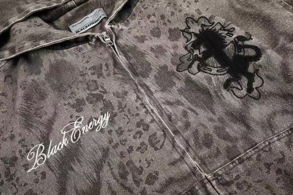 Washed Leopard Print Zip Up Hooded Jacket - OMYGOODS