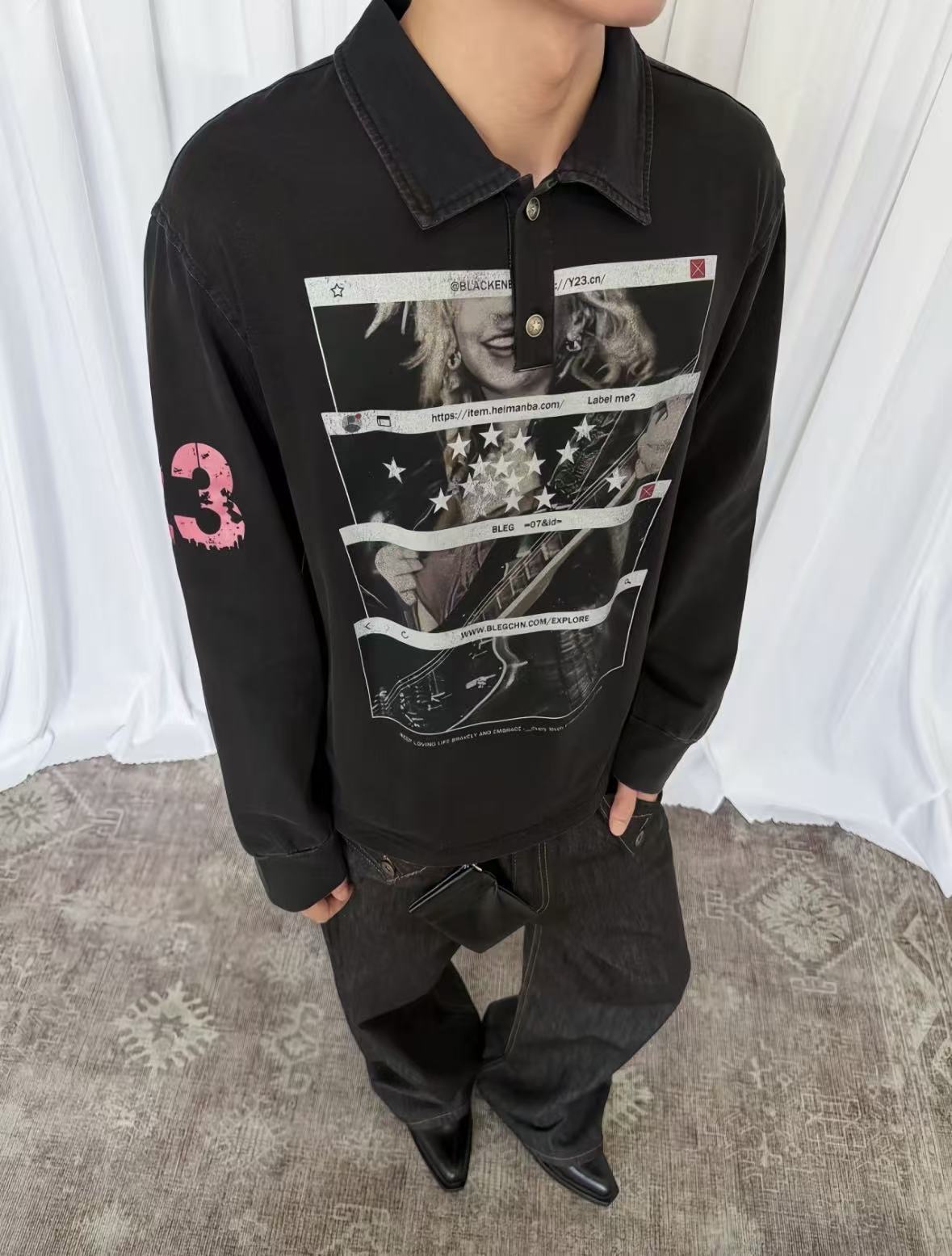 Wash Vintage Rock Graphic Long Sleeve Polo Shirt - OMYGOODS