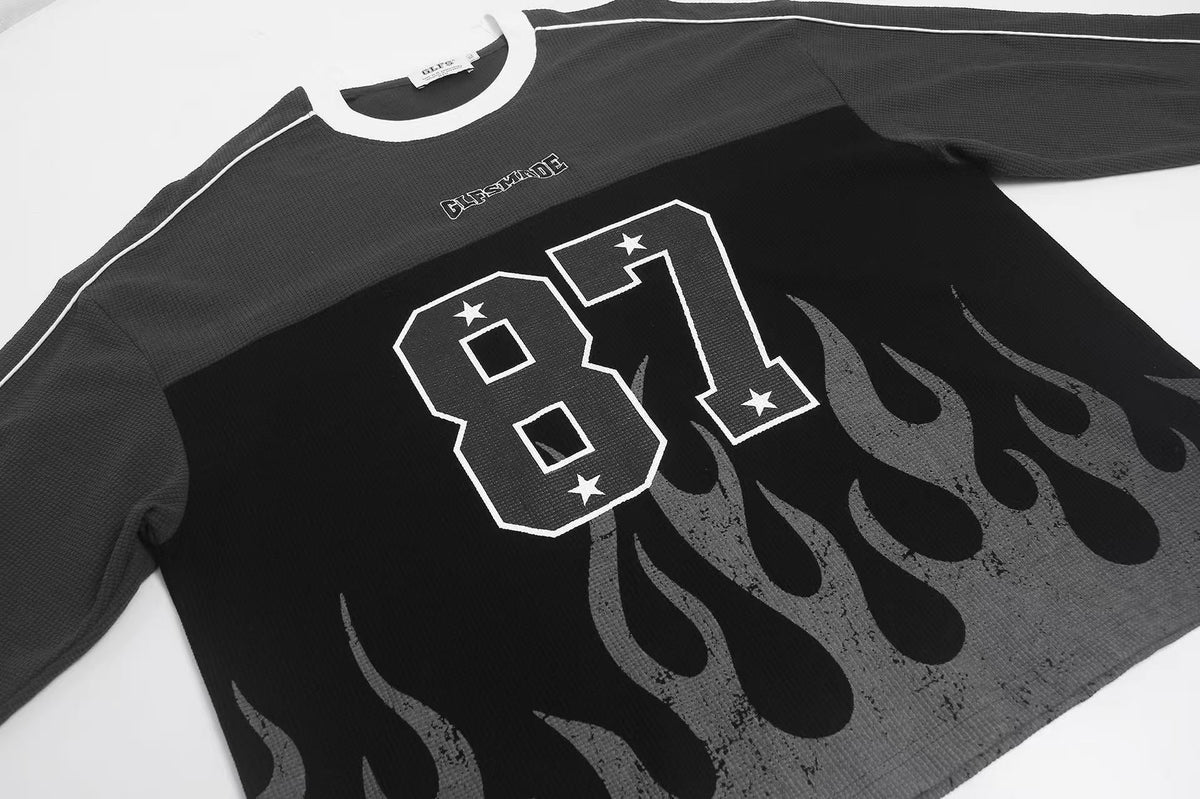 Vintage Flame 87 Number Graphic Waffle Knit Long Sleeve - OMYGOODS