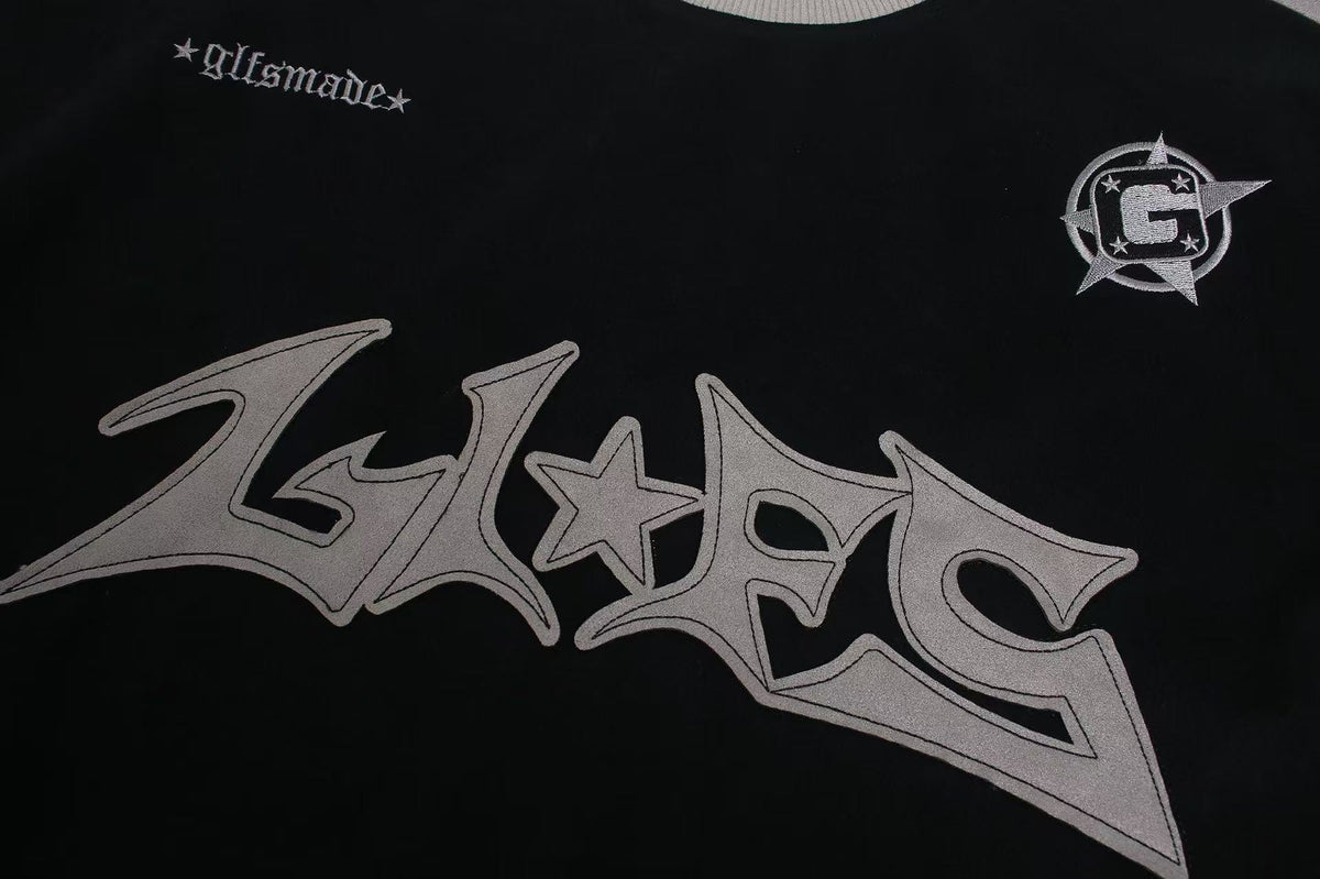 Letter Graphic Color Block Faux Suede Long Sleeve - OMYGOODS