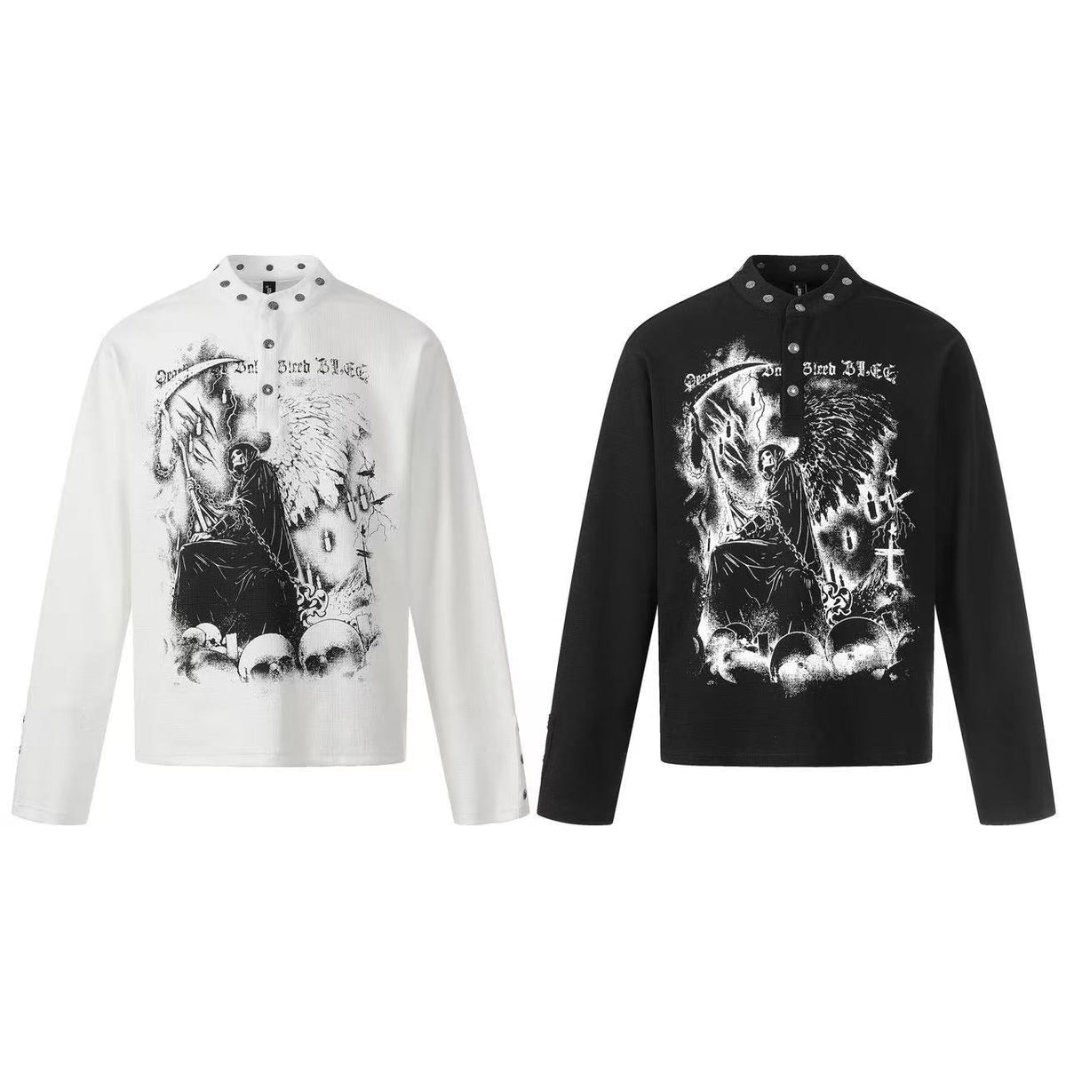 Grim Reaper Skull Print Stand Collar Henley Long Sleeve - OMYGOODS