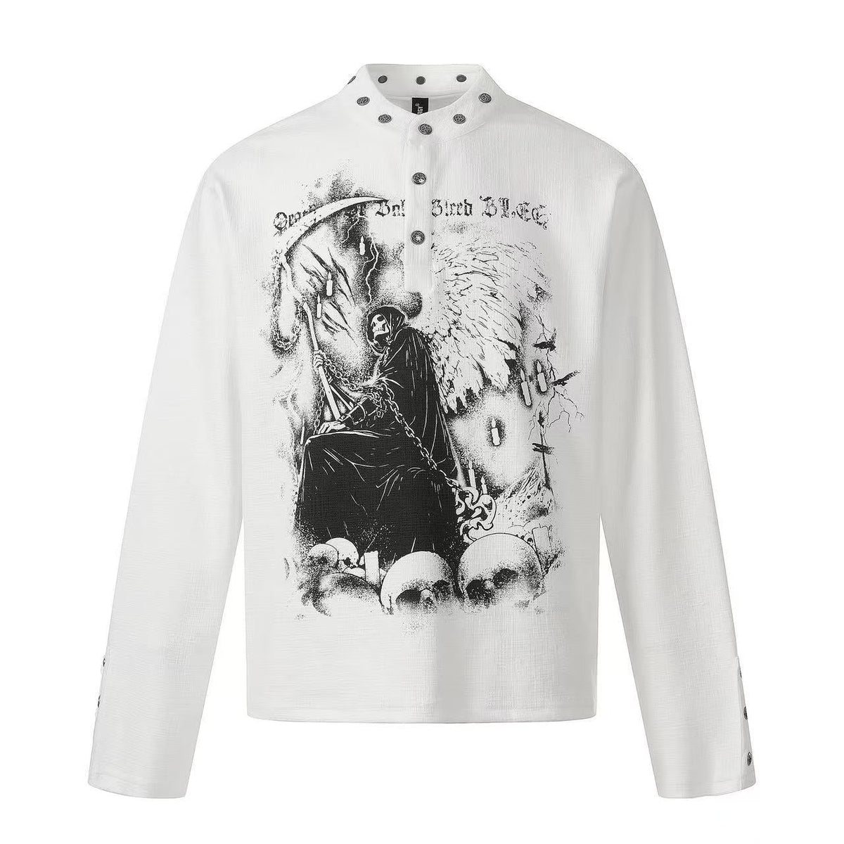 Grim Reaper Skull Print Stand Collar Henley Long Sleeve - OMYGOODS