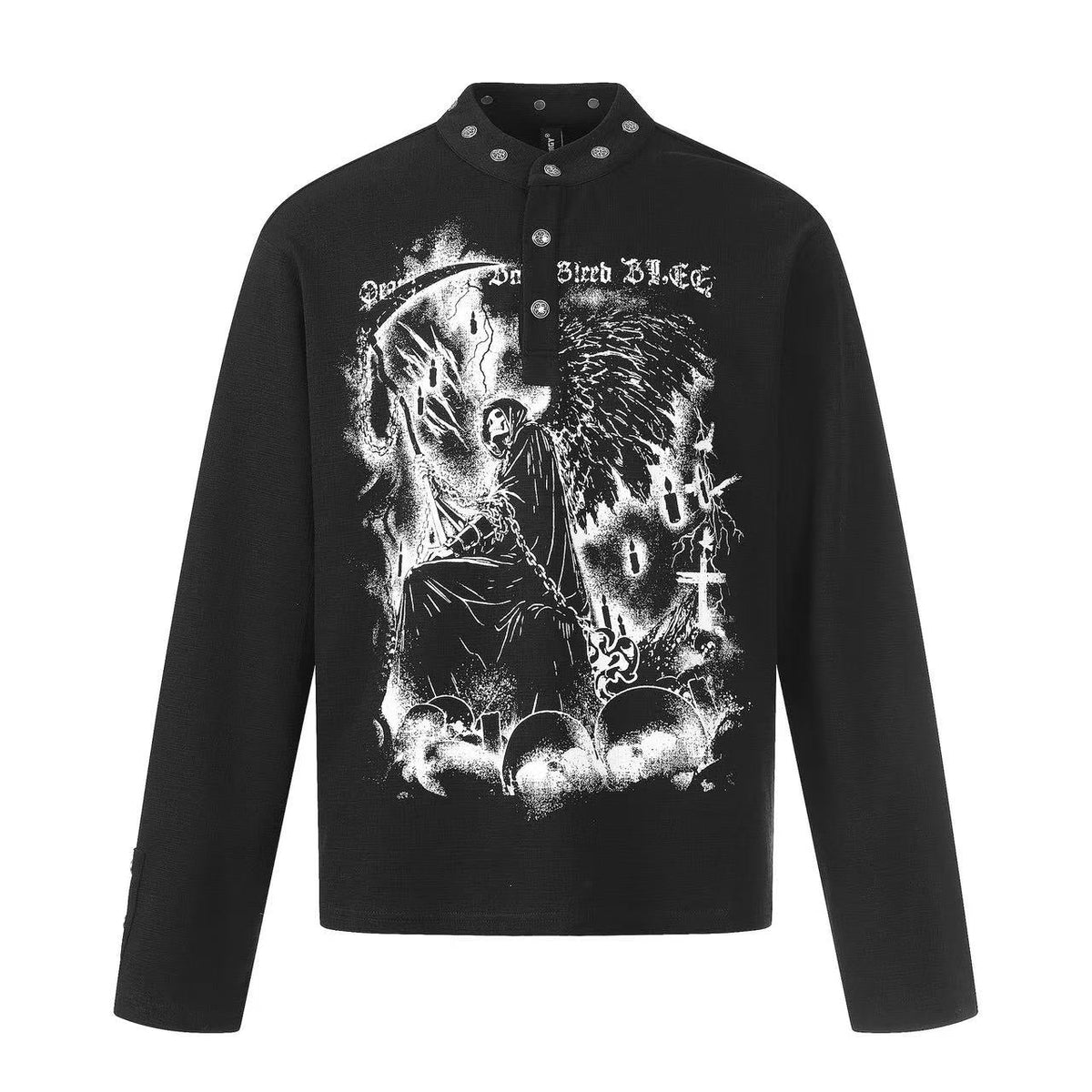 Grim Reaper Skull Print Stand Collar Henley Long Sleeve - OMYGOODS