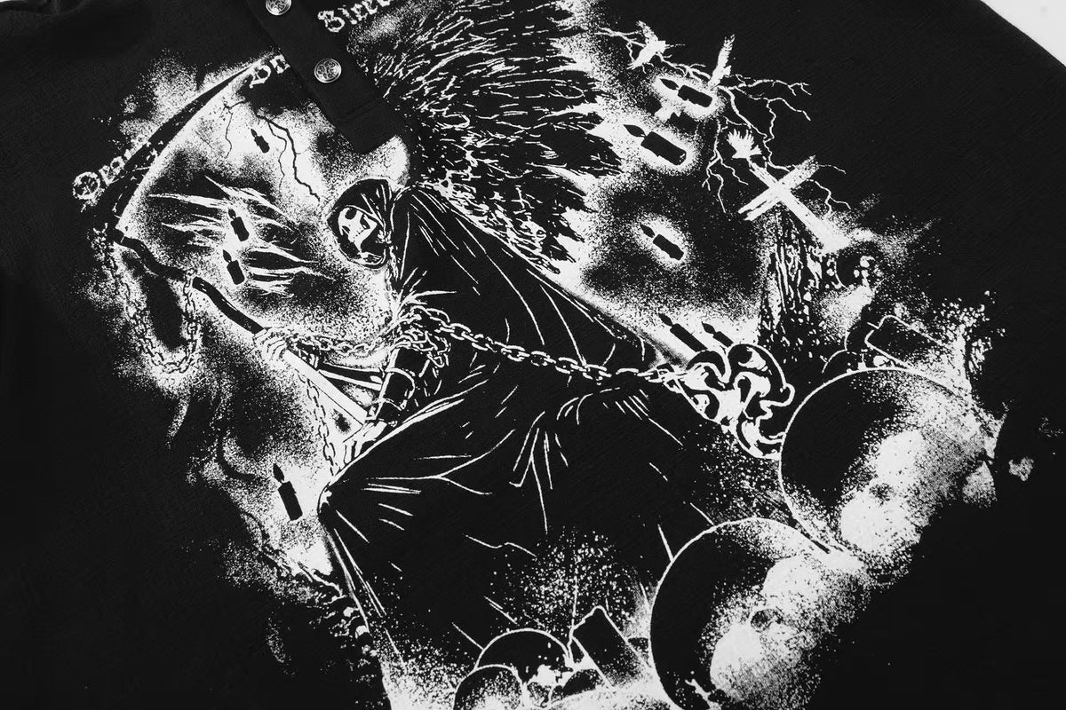 Grim Reaper Skull Print Stand Collar Henley Long Sleeve - OMYGOODS