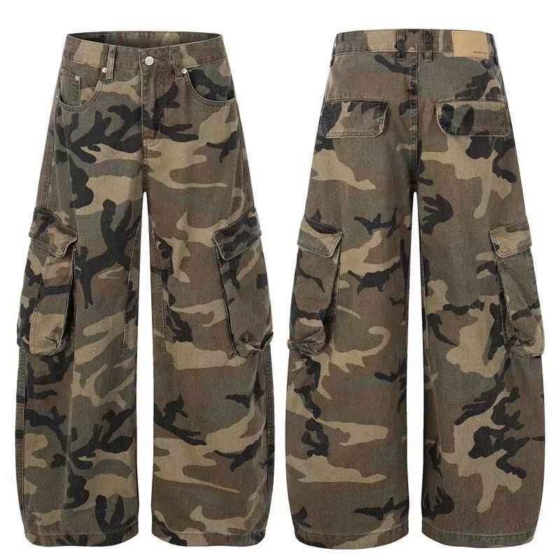Unisex Vintage Camo Multi-Pocket Wide-Leg Cargo Pants
