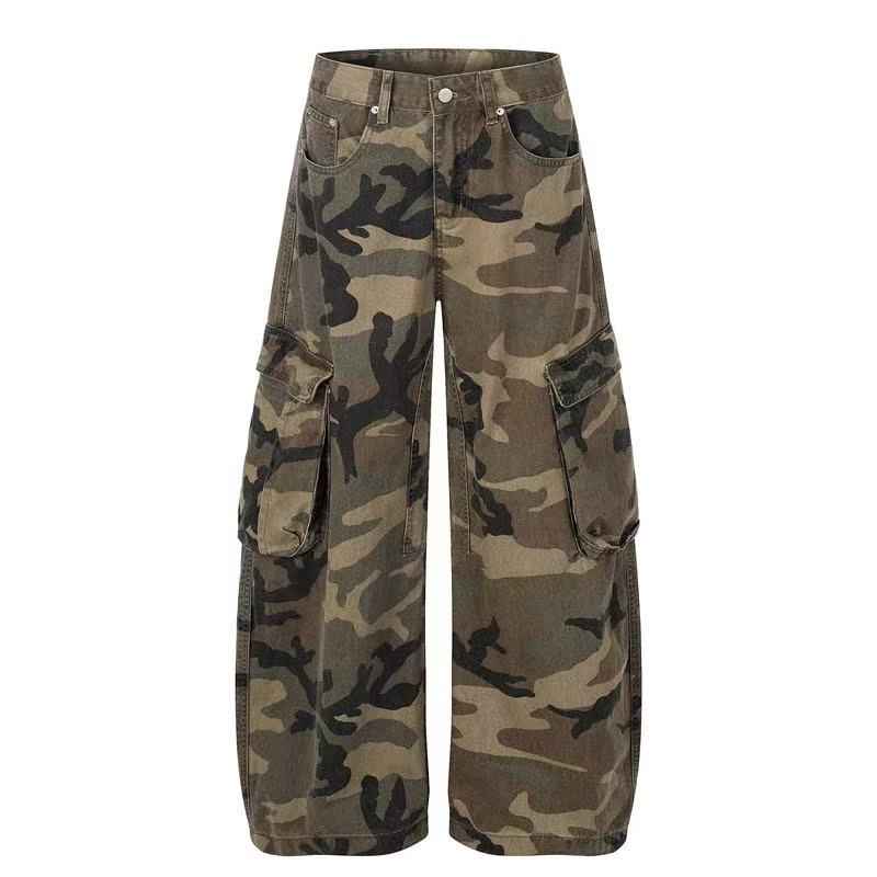 Unisex Vintage Camo Multi-Pocket Wide-Leg Cargo Pants