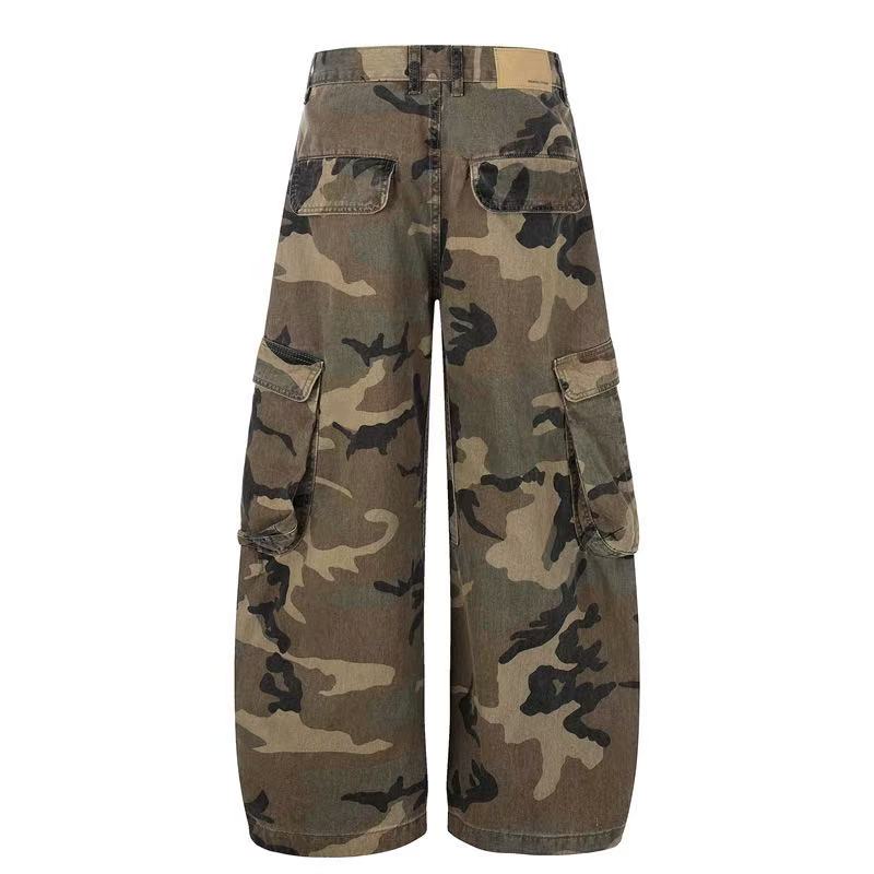 Unisex Vintage Camo Multi-Pocket Wide-Leg Cargo Pants - OMYGOODS