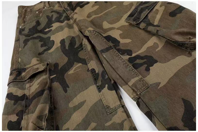 Unisex Vintage Camo Multi-Pocket Wide-Leg Cargo Pants - OMYGOODS