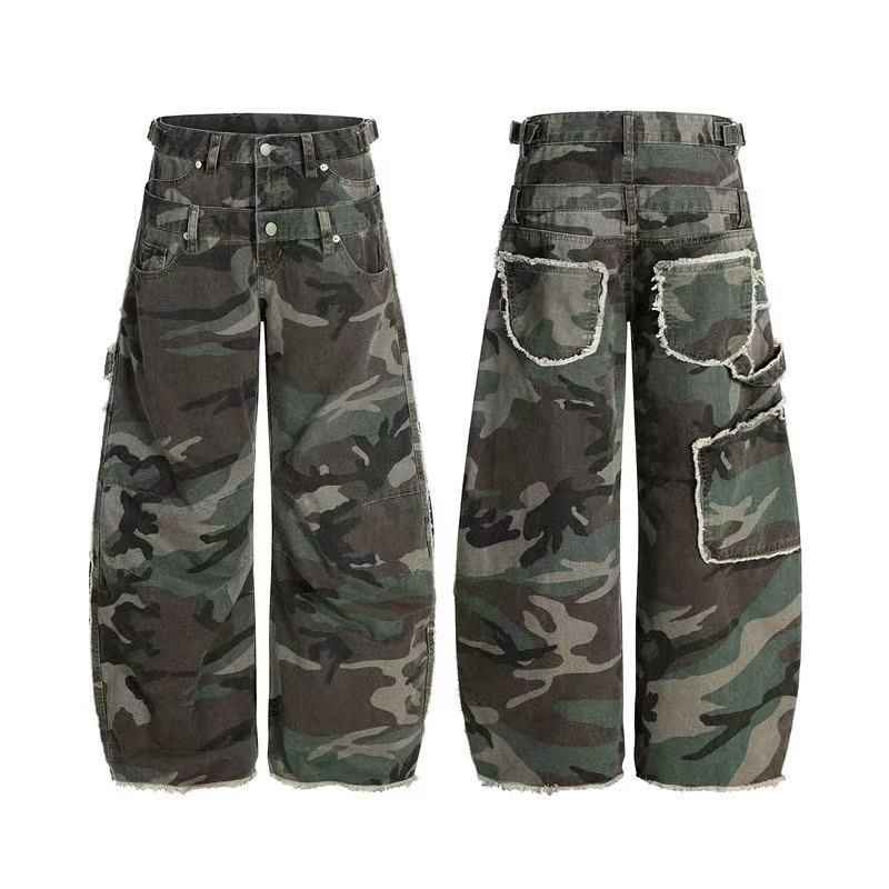 Camo Double Waist Frayed Edge Wide-Leg Cargo Pants
