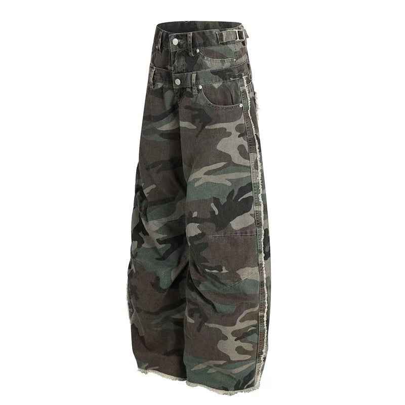 Camo Double Waist Frayed Edge Wide-Leg Cargo Pants