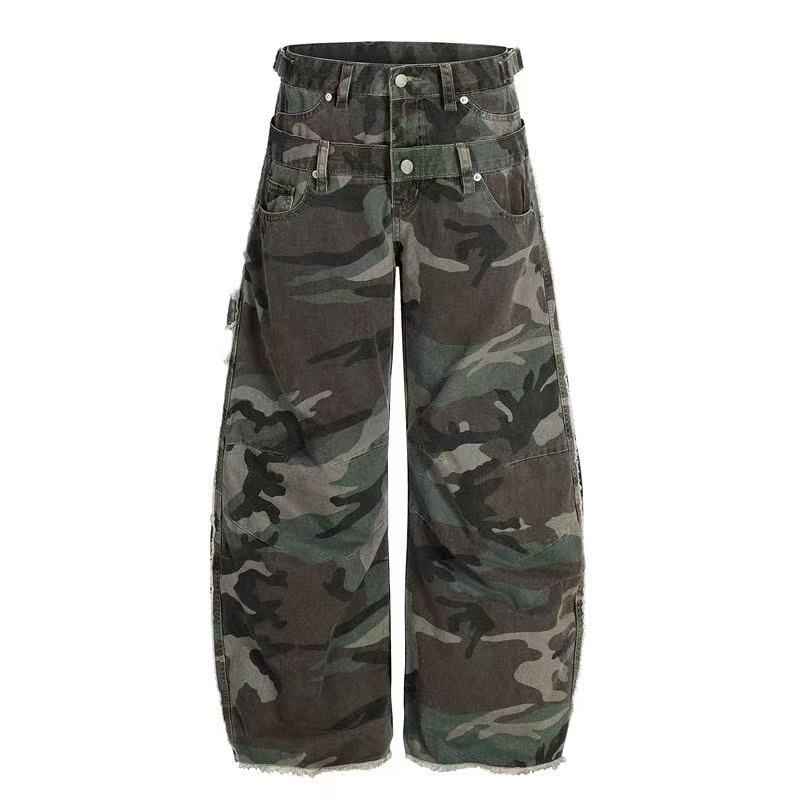 Camo Double Waist Frayed Edge Wide-Leg Cargo Pants