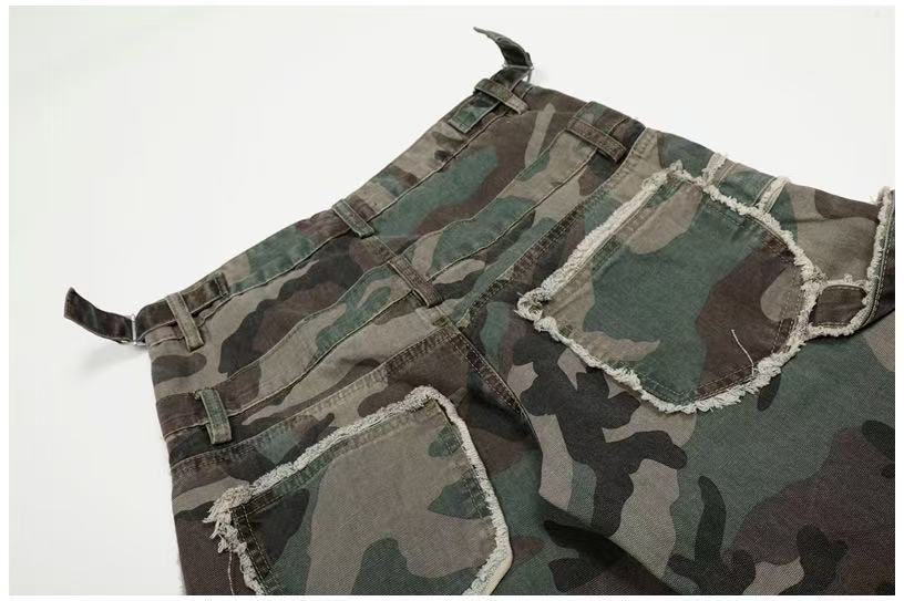Camo Double Waist Frayed Edge Wide-Leg Cargo Pants - OMYGOODS
