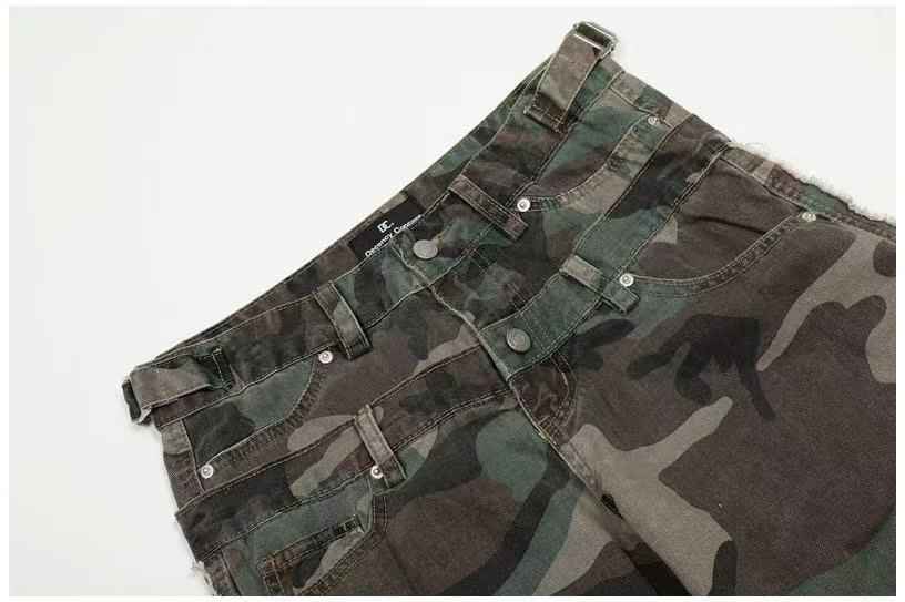 Camo Double Waist Frayed Edge Wide-Leg Cargo Pants