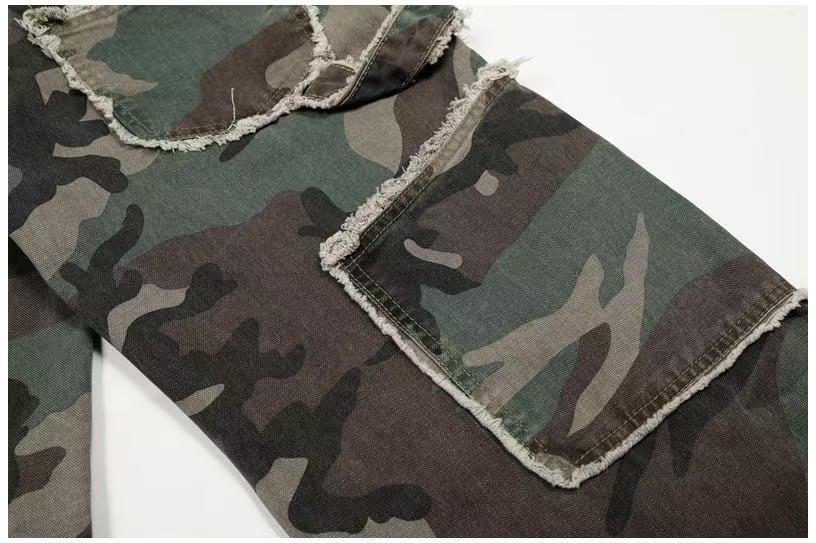 Camo Double Waist Frayed Edge Wide-Leg Cargo Pants - OMYGOODS