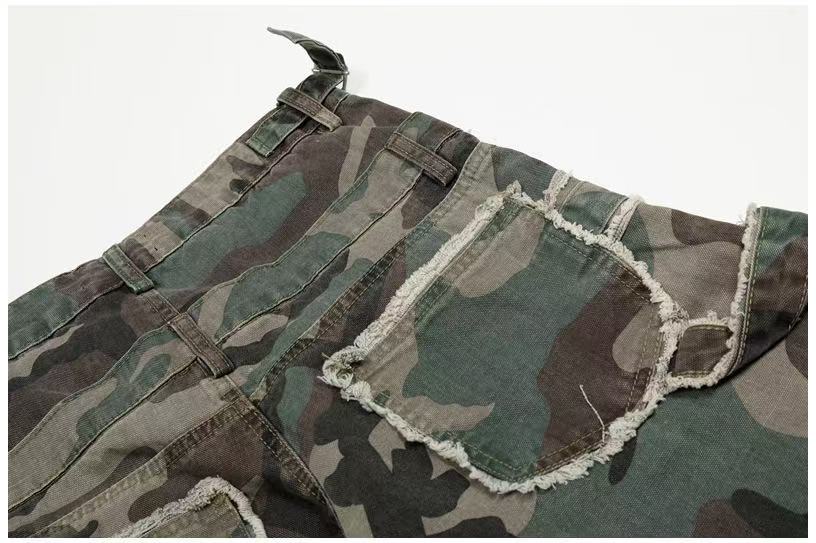 Camo Double Waist Frayed Edge Wide-Leg Cargo Pants - OMYGOODS
