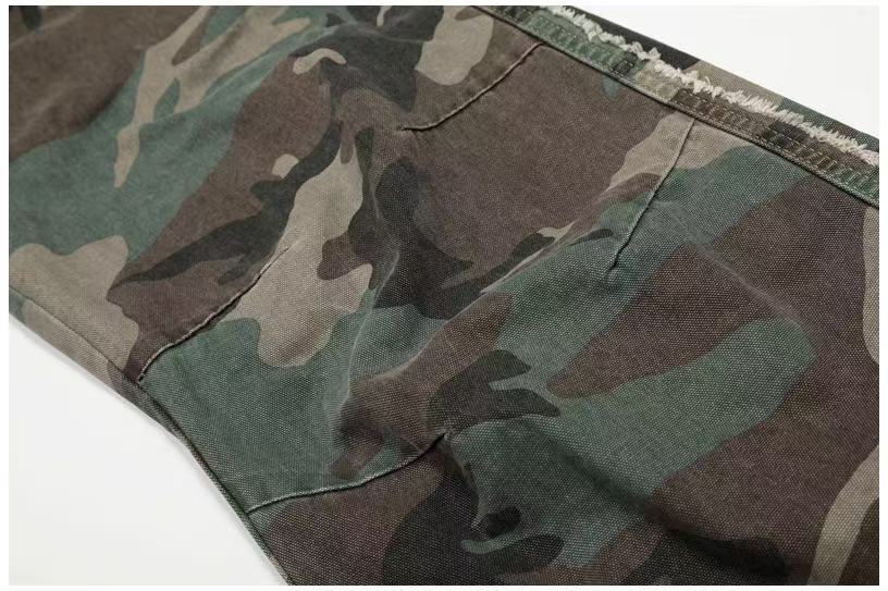 Camo Double Waist Frayed Edge Wide-Leg Cargo Pants - OMYGOODS