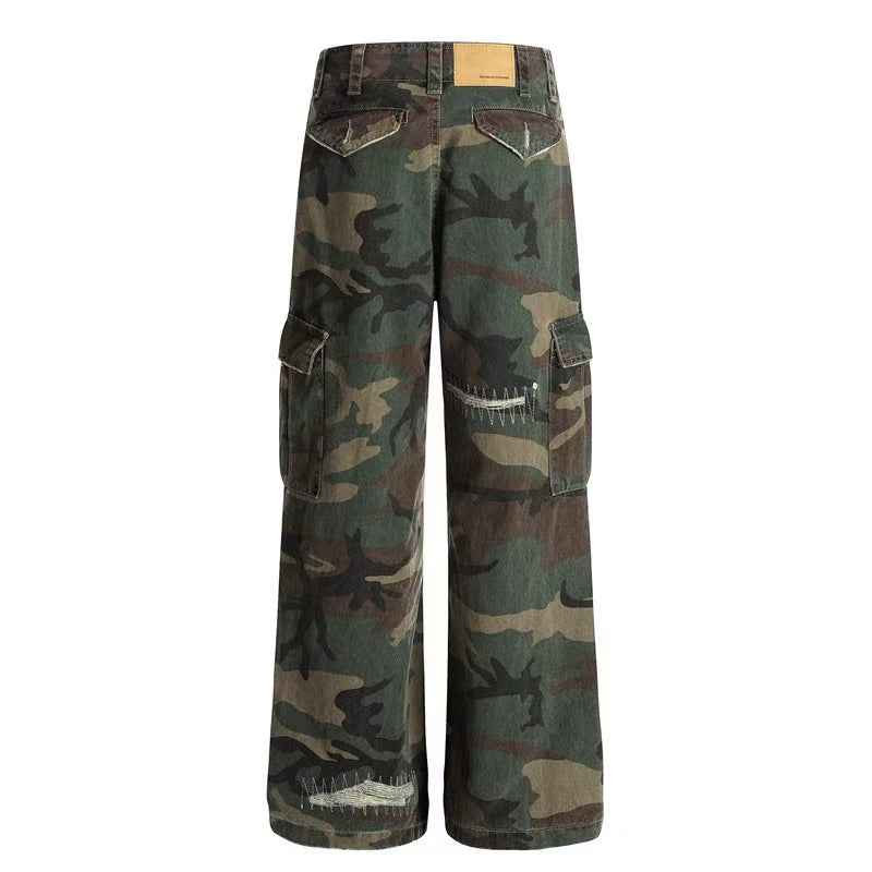 Distressed Stitch Patch Camo Wide-Leg Cargo Pants - OMYGOODS