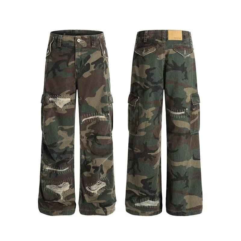 Distressed Stitch Patch Camo Wide-Leg Cargo Pants - OMYGOODS