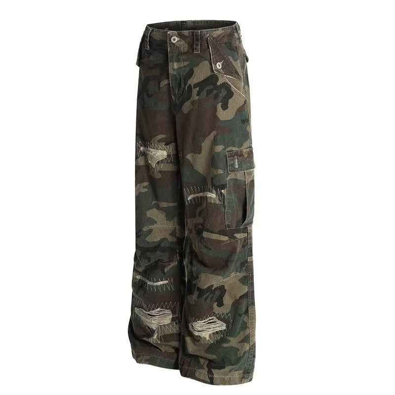 Distressed Stitch Patch Camo Wide-Leg Cargo Pants - OMYGOODS