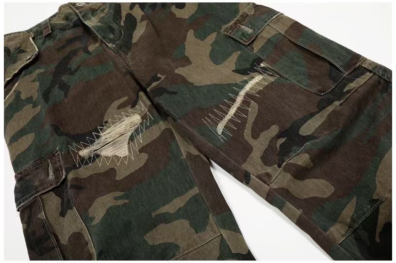 Distressed Stitch Patch Camo Wide-Leg Cargo Pants - OMYGOODS