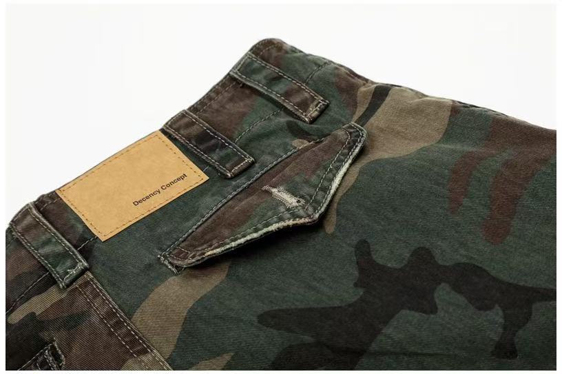 Distressed Stitch Patch Camo Wide-Leg Cargo Pants - OMYGOODS