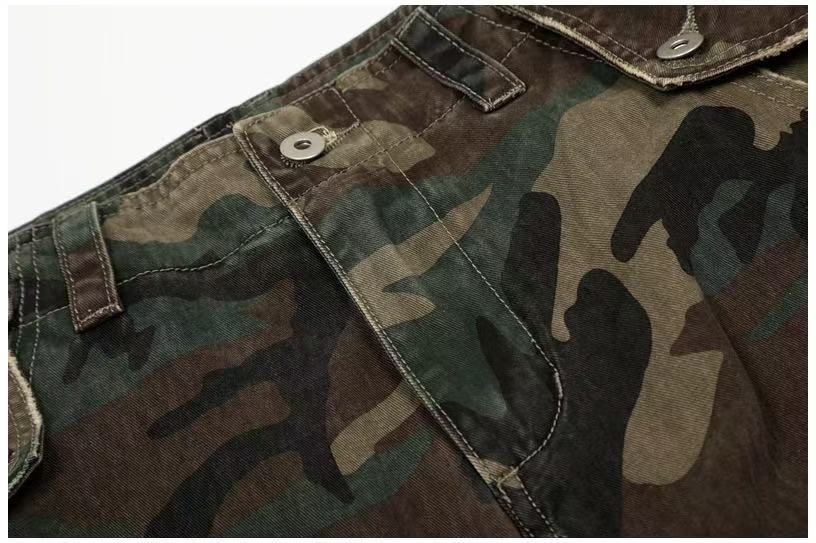 Distressed Stitch Patch Camo Wide-Leg Cargo Pants - OMYGOODS