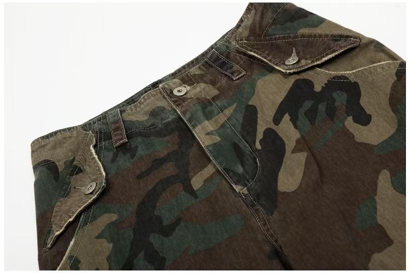 Distressed Stitch Patch Camo Wide-Leg Cargo Pants - OMYGOODS