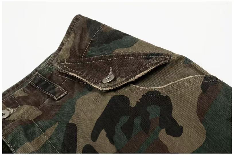 Distressed Stitch Patch Camo Wide-Leg Cargo Pants - OMYGOODS