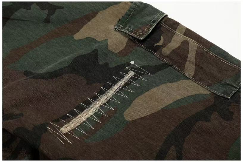 Distressed Stitch Patch Camo Wide-Leg Cargo Pants - OMYGOODS