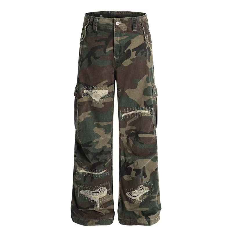 Distressed Stitch Patch Camo Wide-Leg Cargo Pants - OMYGOODS