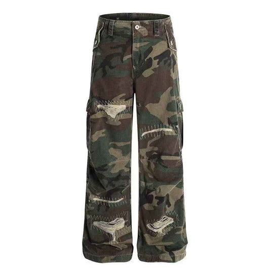 Distressed Stitch Patch Camo Wide-Leg Cargo Pants