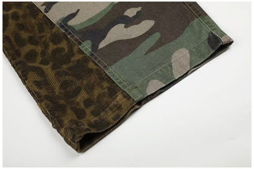 Camo Leopard Patchwork Drawstring Wide-Leg Cargo Pants - OMYGOODS