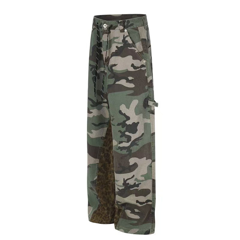Camo Leopard Patchwork Drawstring Wide-Leg Cargo Pants - OMYGOODS