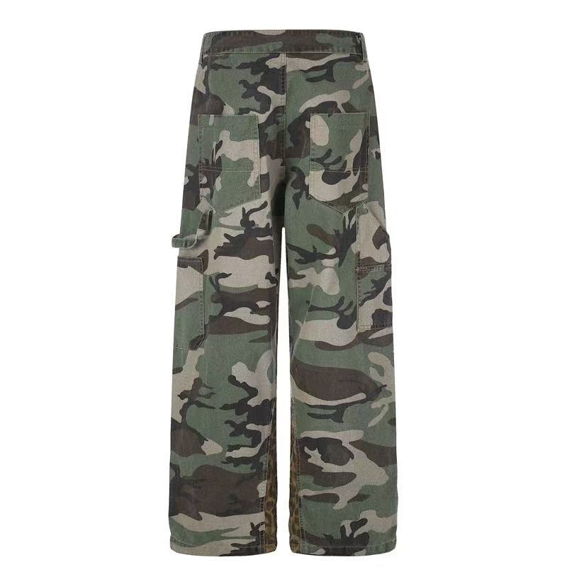 Camo Leopard Patchwork Drawstring Wide-Leg Cargo Pants - OMYGOODS