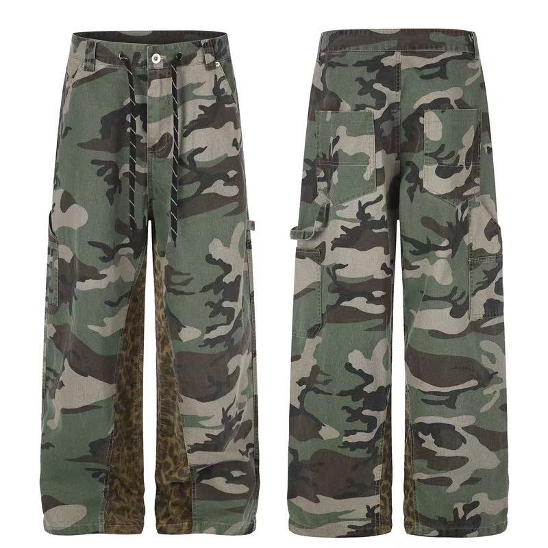 Camo Leopard Patchwork Drawstring Wide-Leg Cargo Pants - OMYGOODS