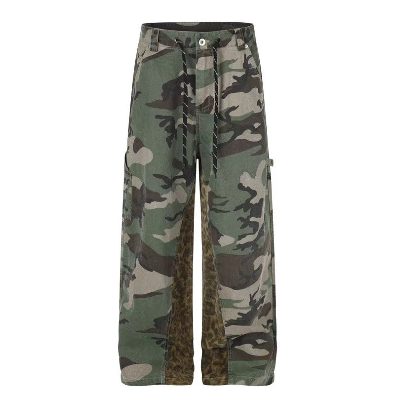 Camo Leopard Patchwork Drawstring Wide-Leg Cargo Pants - OMYGOODS