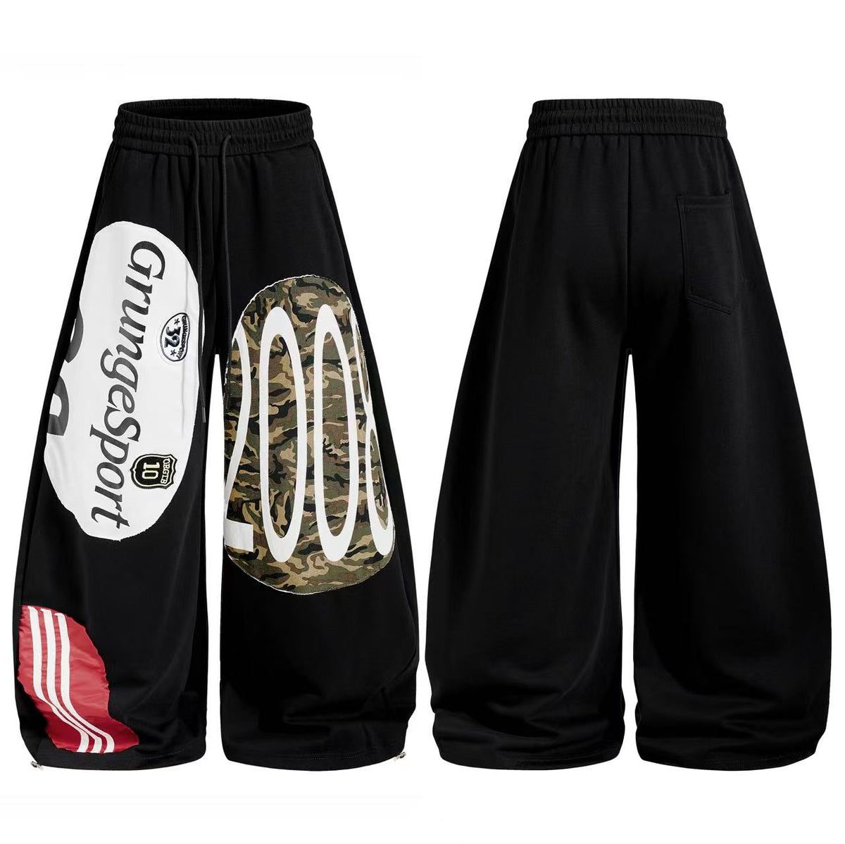 Streetwear Camo Patchwork Letter Number Graphic Baggy Wide-Leg Sweatpants - OMYGOODS