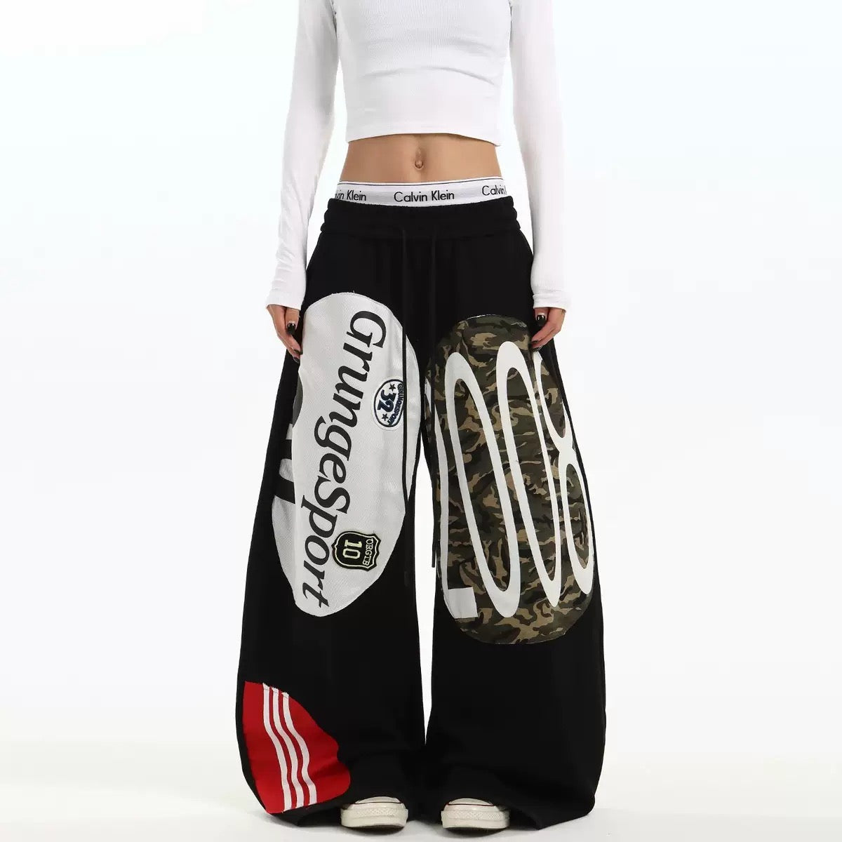 Streetwear Camo Patchwork Letter Number Graphic Baggy Wide-Leg Sweatpants - OMYGOODS