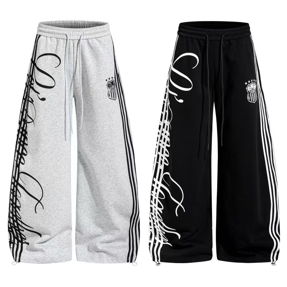 Cursive Script Side Stripe Wide-Leg Sweatpants - OMYGOODS