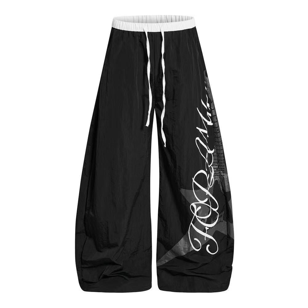Nylon Cursive Star Print Wide-Leg Sweatpants - OMYGOODS