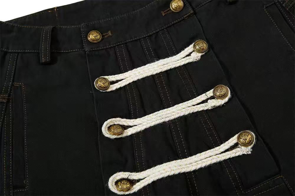 Vintage Washed Rope Lace-Up Button Wide-Leg Cargo Pants - OMYGOODS