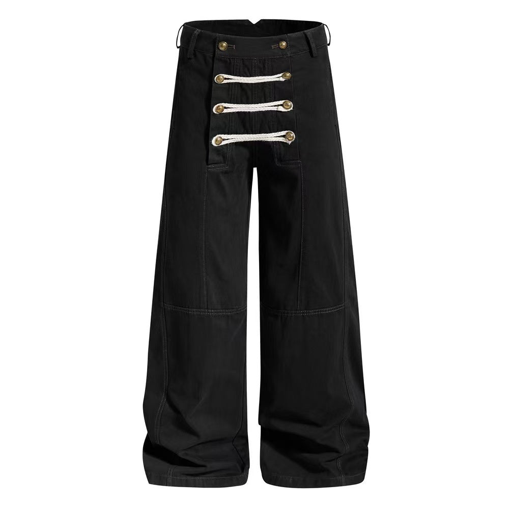 Vintage Washed Rope Lace-Up Button Wide-Leg Cargo Pants - OMYGOODS
