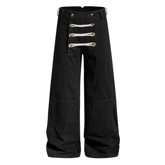 Vintage Washed Rope Lace-Up Button Wide-Leg Cargo Pants - OMYGOODS
