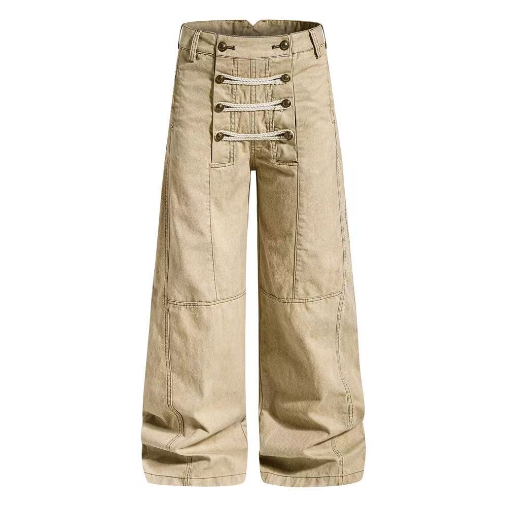 Vintage Washed Rope Lace-Up Button Wide-Leg Cargo Pants - OMYGOODS