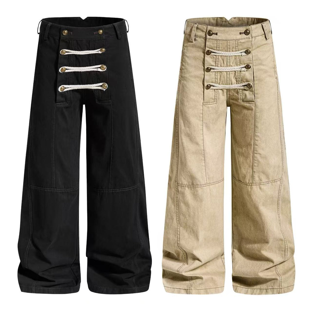 Vintage Washed Rope Lace-Up Button Wide-Leg Cargo Pants - OMYGOODS
