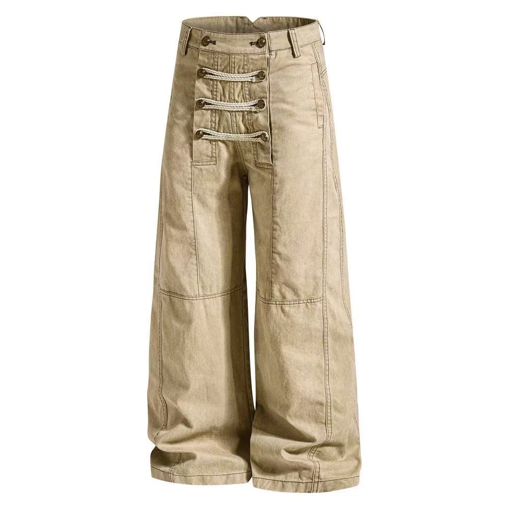 Vintage Washed Rope Lace-Up Button Wide-Leg Cargo Pants - OMYGOODS