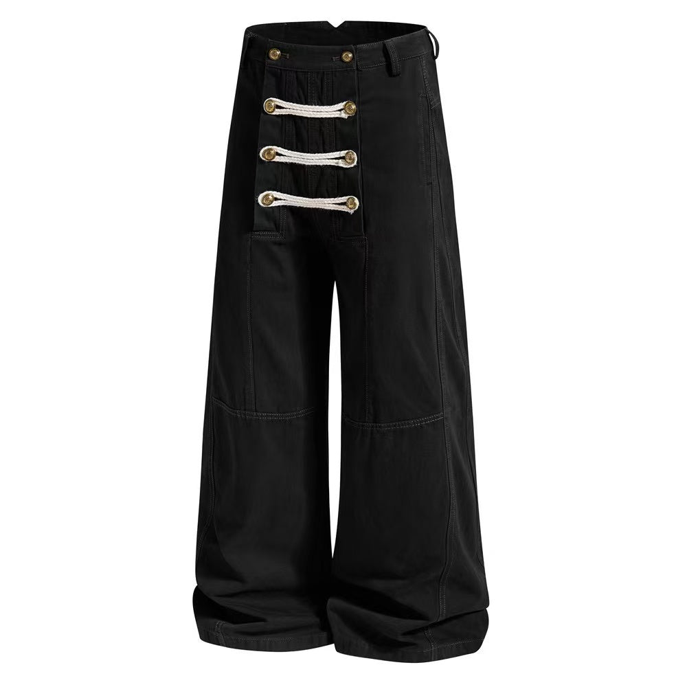 Vintage Washed Rope Lace-Up Button Wide-Leg Cargo Pants - OMYGOODS