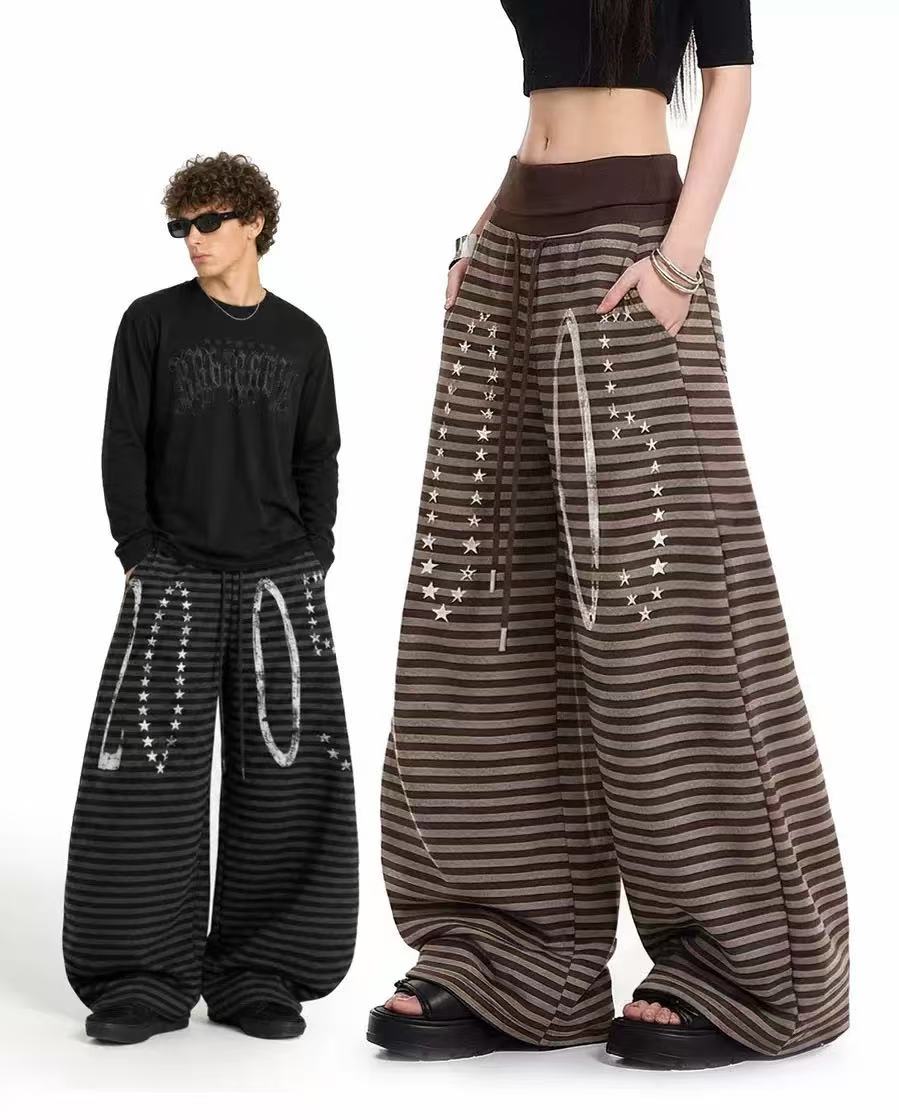 Striped Distressed Number Print Wide-Leg Sweatpants - OMYGOODS