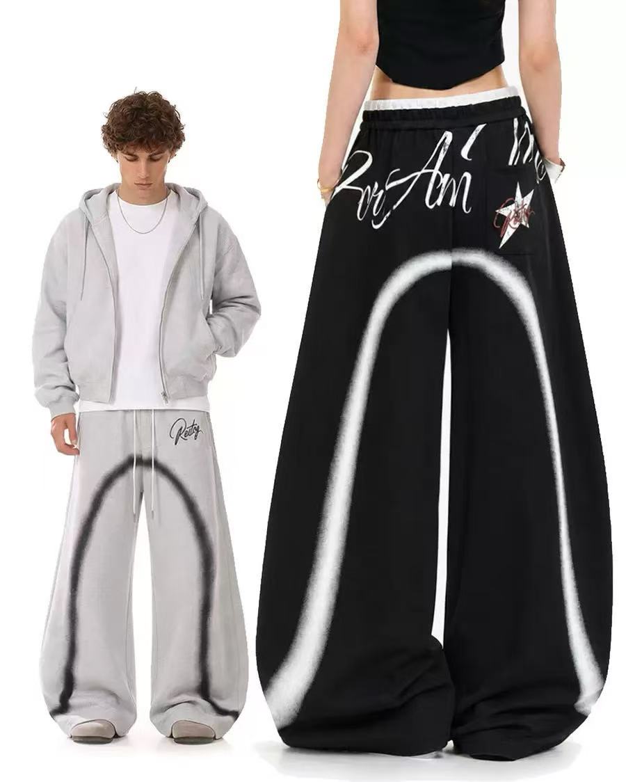 Spray-Paint Curve Graphic Baggy Wide-Leg Sweatpants - OMYGOODS