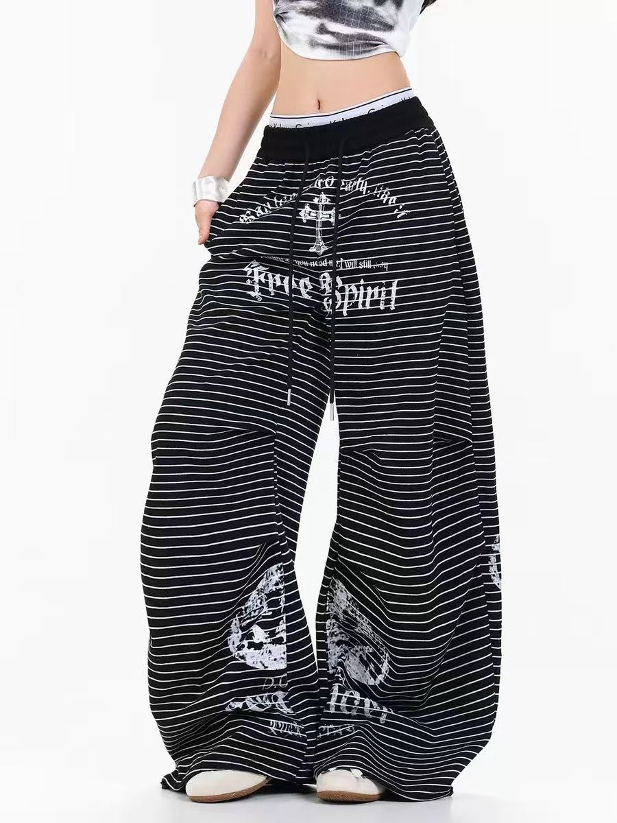 Striped Gothic Script Print Wide-Leg Sweatpants - OMYGOODS